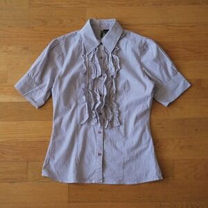 Passport Button Up Women Purple Striped Ruffle Front Coquette L Short Sleeve Top